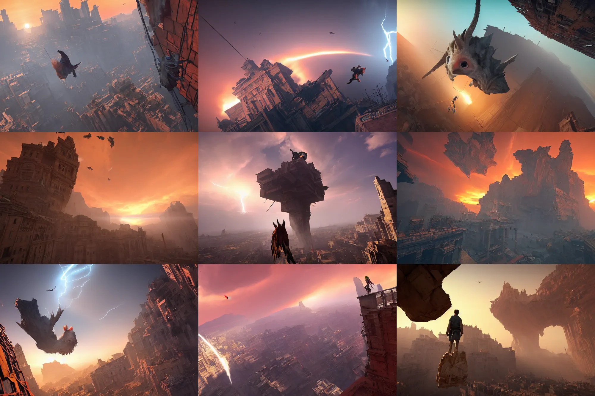 Prompt: incredible screenshot of the last guardian on PS5, Unreal engine 5, red orange sky,dust storm, lightning, dynamic camera angle, deep 3 point perspective, fish eye, dynamic extreme foreshortening, clinging for dear life, scaffolding collapsing, brick debris, vertigo, fear of heights, contrasting shadows, valley mist, huge chasm, broken bridges, 8k, hd, high resolution