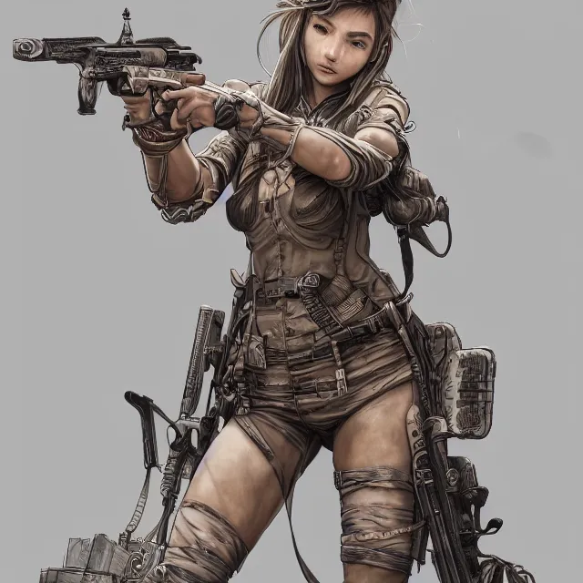 Prompt: the portrait of lawful neutral semi - colorful female infantry gunner as absurdly beautiful, gorgeous, elegant, young swimsuit model, an ultrafine hyperdetailed illustration by kim jung gi, irakli nadar, intricate linework, detailed faces, sharp focus, bright colors, octopath traveler, unreal engine 5 highly rendered, global illumination, radiant light, detailed and intricate environment
