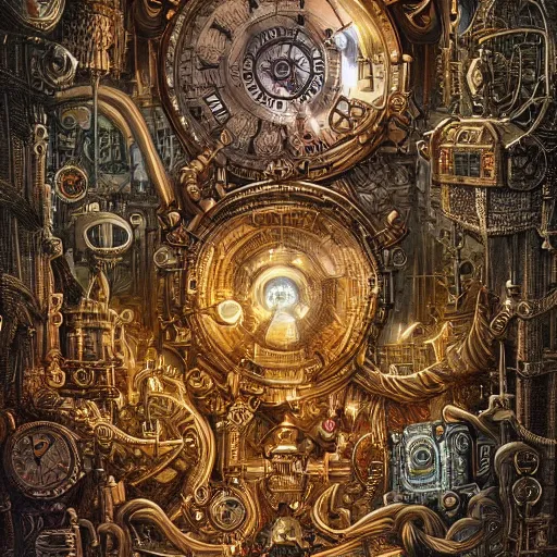 Prompt: a hyper realistic painting of an intricate steampunk labyrinth, by joe fenton, highly detailed, vivid color,