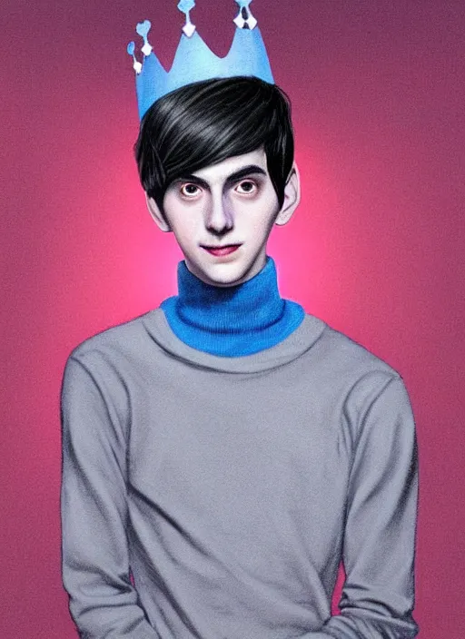 Image similar to portrait of teenage jughead jones wearing a light grey crown, crown, blue turtleneck, 1 9 5 0 s, closed eyes, photorealistic, black hair, glowing lighting, intricate, elegant, glowing lights, highly detailed, digital painting, artstation, concept art, smooth, sharp focus, illustration, art by wlop, mars ravelo and greg rutkowski