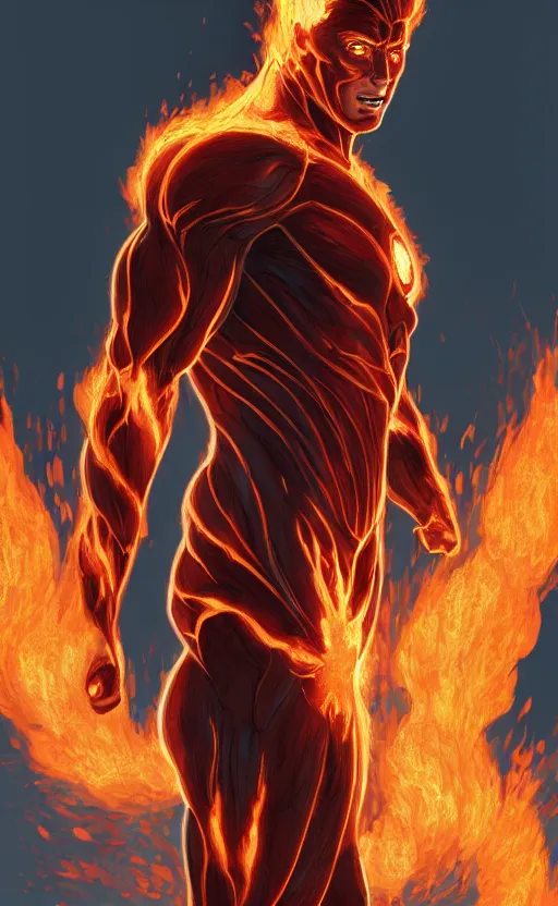 Prompt: human torch, highly detailed, digital painting, artstation, standing, flames around body, facing forward, concept art, smooth, sharp focus, illustration, art by arthur adams and ross tran, in the style of krenz cushart and ilya kuvshinov, 3D render, Octane render + unreal render, high definition, 8k, volumetric lighting