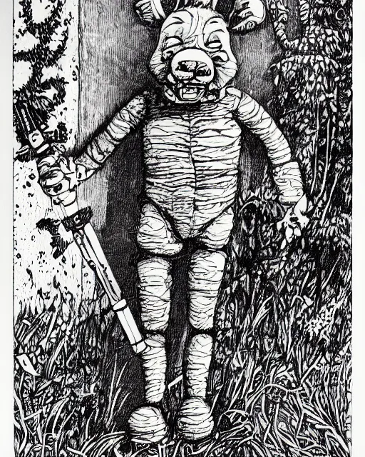 Prompt: an illustration of a freddy fazbear, full body, pen-and-ink illustration, etching, by Russ Nicholson, DAvid A Trampier, larry elmore, 1981, HQ scan, intricate details, Monster Manula, Fiend Folio