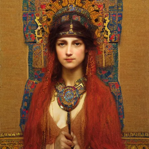 Image similar to orientalist portrait of a woman wearing an ornate mesopotamian headdress standing in front of tapestry carpet intricate artwork by john william waterhouse and Edwin Longsden Long and Theodore Ralli and Henryk Siemiradzki. trending on artstation, very coherent symmetrical artwork high detail 8k