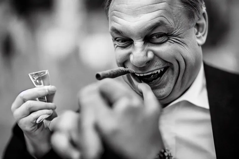 Image similar to viktor orban drinking champagne smoking cigar laughing hard by peter lindbergh