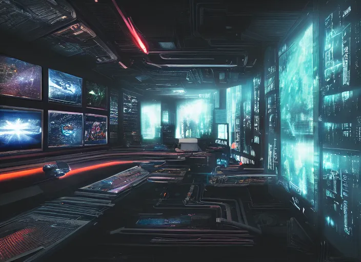 Prompt: a dimly lit room with a wall of televisions and computer screens showing images of aliens, planets and data. Cyberpunk vibes. Sci-fi. Realistic photography art. Zack Snyder. DSLR. 8k Resolution. VRay