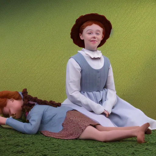 Prompt: A 3D rendering of anne of green gables from the show anne with an e, tucking a person in bed