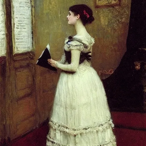 Image similar to victorian girl in ball gown absent - mind looking at her dance card, painting by alfred stevens