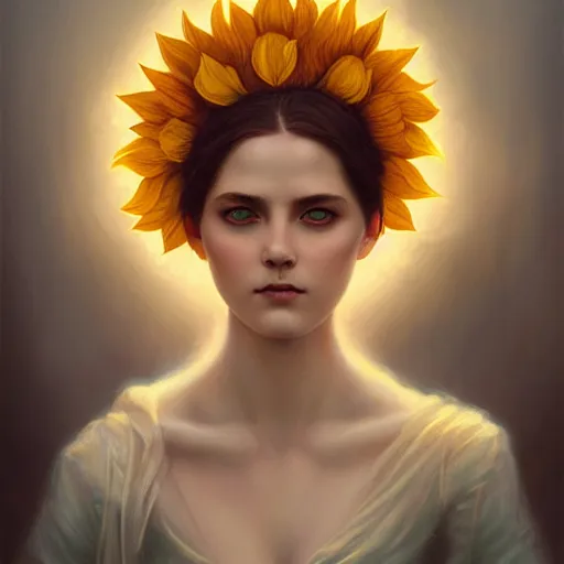 Image similar to sunflower goddess of summer character portrait, in the style of charlie bowater, tom bagshaw, and waterhouse, lean face, cinematic lighting, beautiful, elegant, oil painting, cinematic, portrait, raphaelite, headroom, headshot photograph