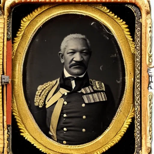 Prompt: A daguerreotype of Redd Foxx dressed in 19th century military uniform, regal, refined, highly detailed