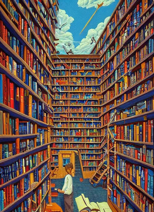 Prompt: the staircase at powell's city of books, vintage shapes, retro technology, happy colors. rob gonsalves, oil on canvas, deep depth field, masterpiece, cinematic composition, hyperdetailed