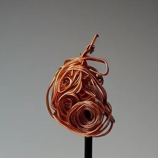 Image similar to a very beautiful tiny ( ( ( ( human heart ) ) ) )!!!!!!!!!!!!!!!!!!!!!!!!! organic sculpture made of copper wire and threaded pipes, very intricate, curved. studio lighting, high resolution, high quality, black background