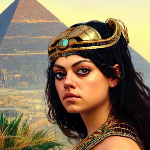 Image similar to a closeup portrait of a young mila kunis as cleopatra, gorgeous view, pyramid background, masterpiece, illustration by artgerm and greg rutkowski and alphonse mucha, digital art, trending on artstation