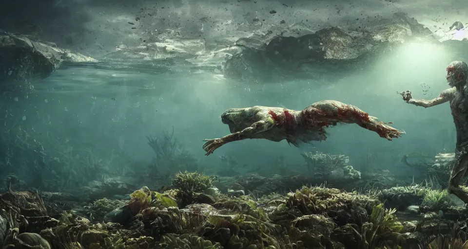 Prompt: highly detailed full body portrait of a zombie swimming underwater in a zombie - apocalypse, waterplants and fish in the background, lightreflections in the water, by greg rutkowski, octane render