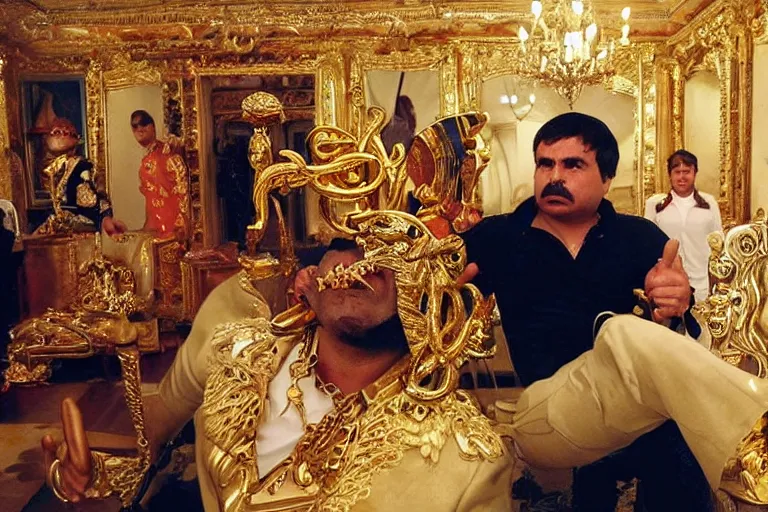 Prompt: el chapo is a genie standing in the middle of a grandiose mexican mansion. everything is made out of gold. el chapo is sipping on wine. the mansion is incredible and ornate. chapo has a clockwork chain. there are princesses and queens everywhere around him, lovely scene of a genie being a pimp