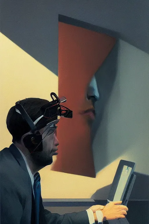 Image similar to Satoshi Nakamoto wearing oculus and bitcoin over his head Edward Hopper and James Gilleard, Zdzislaw Beksisnski, highly detailed