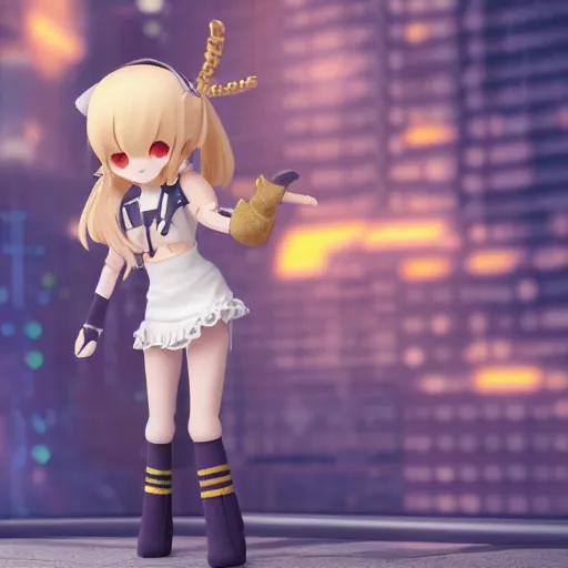 Prompt: cute fumo plush of a girl with prosthetic mechanical arms, golden velvet, bokeh, cyberpunk anime girl, vray