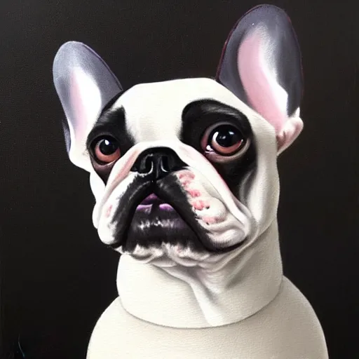 Image similar to a renaissance style portrait painting of a small mostly white female french bulldog with drooping ears, wearing a crown and cape, dark background. trending on artstation.