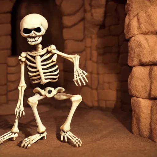 Image similar to skeleton character does his victory dance in the dungeon, claymation, stop motion, dimly lit, highly detailed