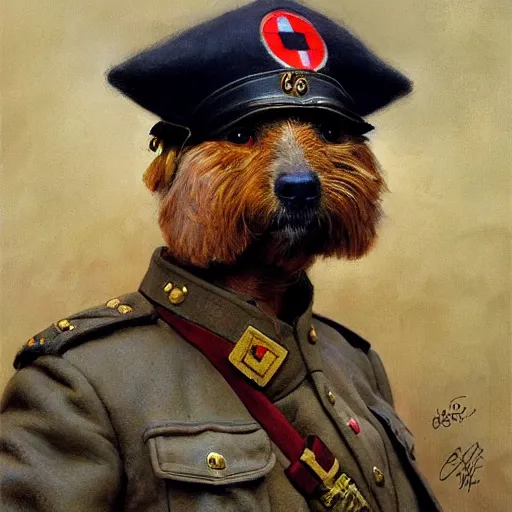 Image similar to old dog with big mustache dressed as a antropormophhic dog veteran colonel of the first world war german army, a dog as a human, highly detailed painting by gaston bussiere, craig mullins, j. c. leyendecker