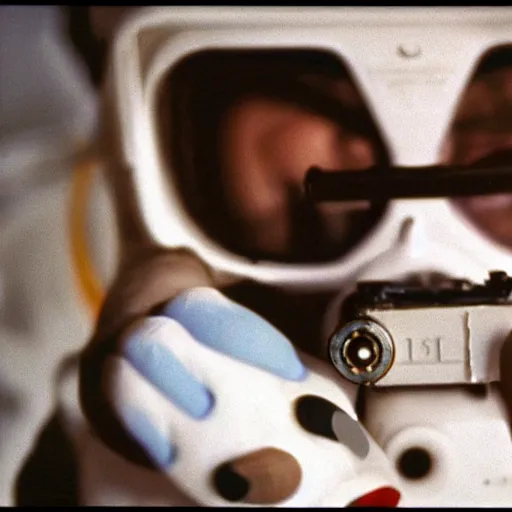 Image similar to filmic extreme close up shot movie still 4 k uhd interior 3 5 mm film color photograph of a scientist putting his hands into the mouth of a camouflaged solder in a lab in antarctica