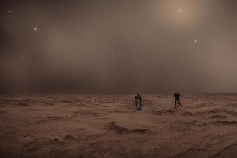 Image similar to landscape photography alien dust with a sandstorm and huge futuristic grungy industrial buildings. distant planets and galaxies in the starry space skyline. men standing and working around the area. huge sense of scale. cinematic