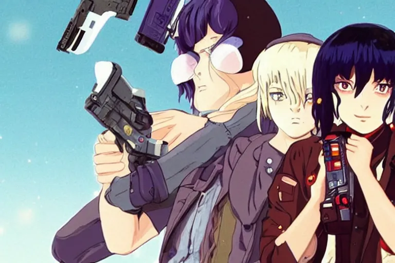 Prompt: Chloe Sevigny aims a pistol in a cyberpunk anime from the 90s by Mamoru Oshii