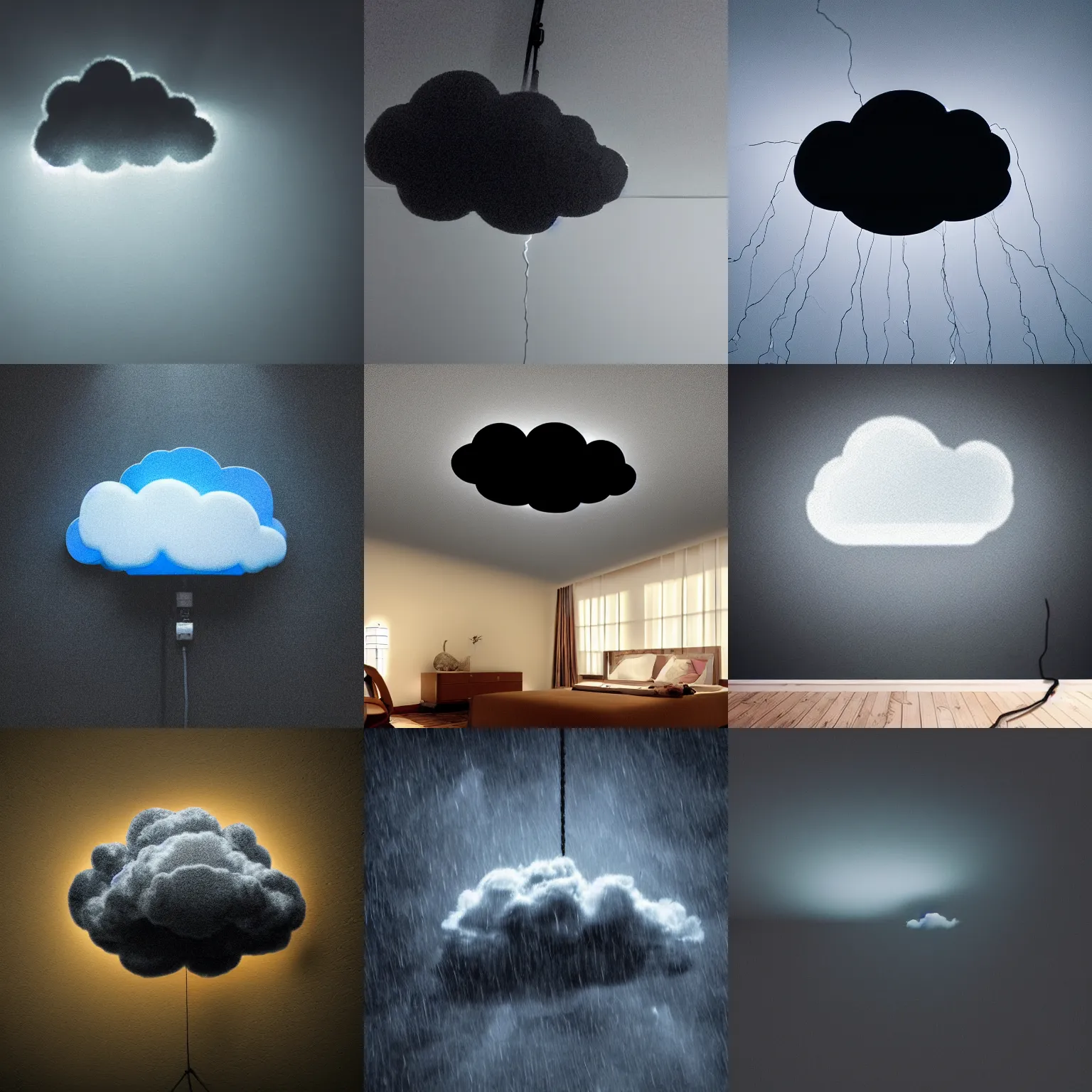 Prompt: a dark room rain cloud raining uplight