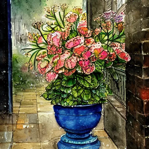 Image similar to a beautifull intricate watercolor painting of potted planter with flowers inside sitting on wet sidewalk, reflexions, high details by william turner art