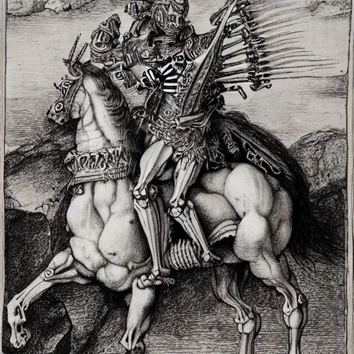 Image similar to skeleton warrior in a fire horse with a very ornate armor, very detailed, complex drawing, hyper detailed, renaissance, monochrome, albert durer style