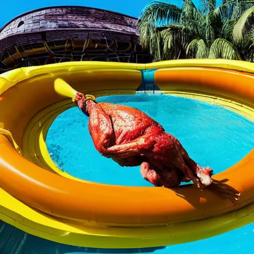 Image similar to photo of an enormous raw chicken emerging from the bottom of a waterslide at a water park on a sunny day in the style of a coca cola ad