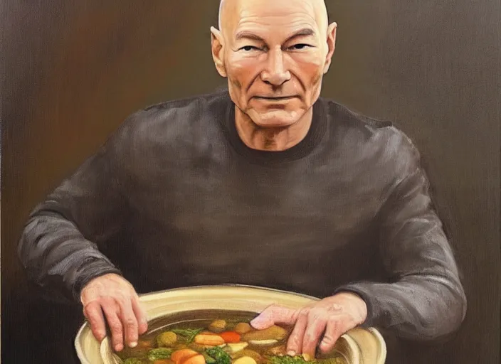 Image similar to an oil painting of patrick stewart sitting inside a big bowl of stew