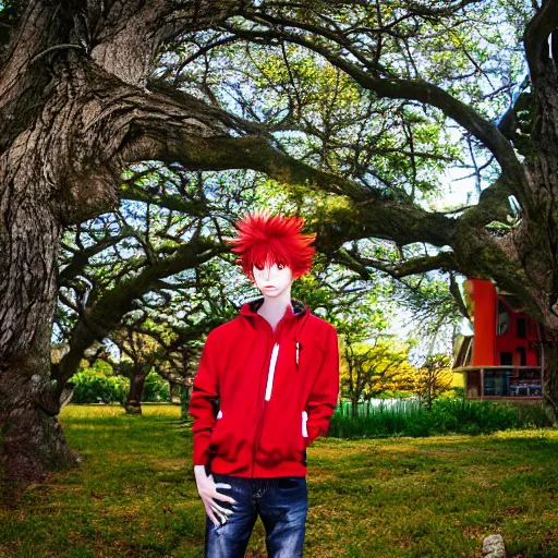 Prompt: red - haired anime boy, 1 7 - year - old anime boy with wild spiky hair, wearing red jacket, standing under tree house in city plaza,, ultra - realistic, sharp details, subsurface scattering, intricate details, hd anime, 2 0 1 9 anime
