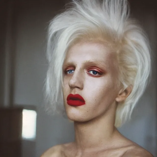 Image similar to a color photograph of a non binary model, platinum blonde, by nan goldin, intense, bold, hyperrealistic, ultra sharp, extra details, ultra high quality, trending on pinteresst