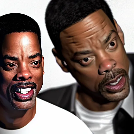 Image similar to chris rock is physically slapping will smith on his face, shadow harsh lights, dramatic scene, hyper detailed, digital art, trending in artstation, cinematic lighting, studio quality, smooth render, unreal engine 5 rendered, octane rendered, ligh rim