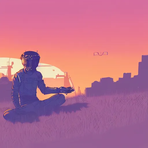 Prompt: in the style of max prentis and deathburger and laurie greasley a young explorer wearing a cyberpunk headpiece sitting in a meadow, sunset, highly detailed, 8 k wallpaper