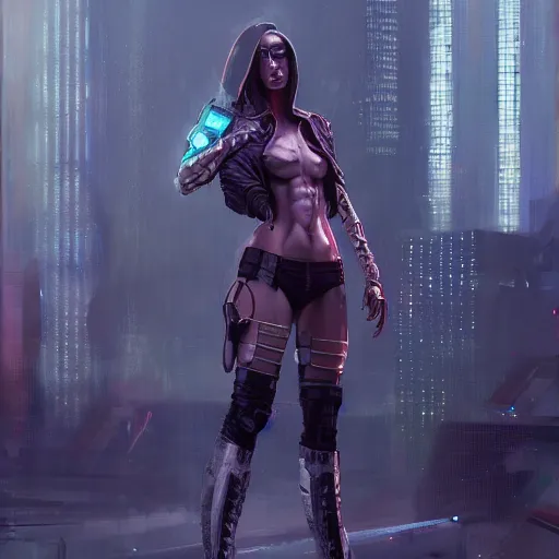 Image similar to cyberpunk character, full body shot, concept art, painted by stanley lau, painted by greg rutkowski, painted by stanley artgerm, digital art, trending on artstation