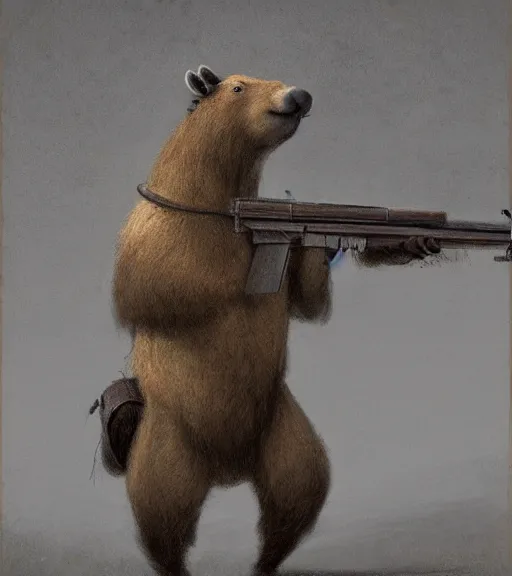 Image similar to anthropomorphic capybarq, capybara as a war general in a commander outfit, holding a large wooden stocked rifle, in the style of greg rutkowski, symetrical, oryantalist, photo realistic, 8k, epic, ultra detailed, by Gustave Doré, by Marco Turini, by Artgerm, Deviantart in the style of Tom Bagshaw, Cedric Peyravernay, Peter Mohrbacher by William-Adolphe Bouguereau, by frank frazetta, symetrical features, joyful