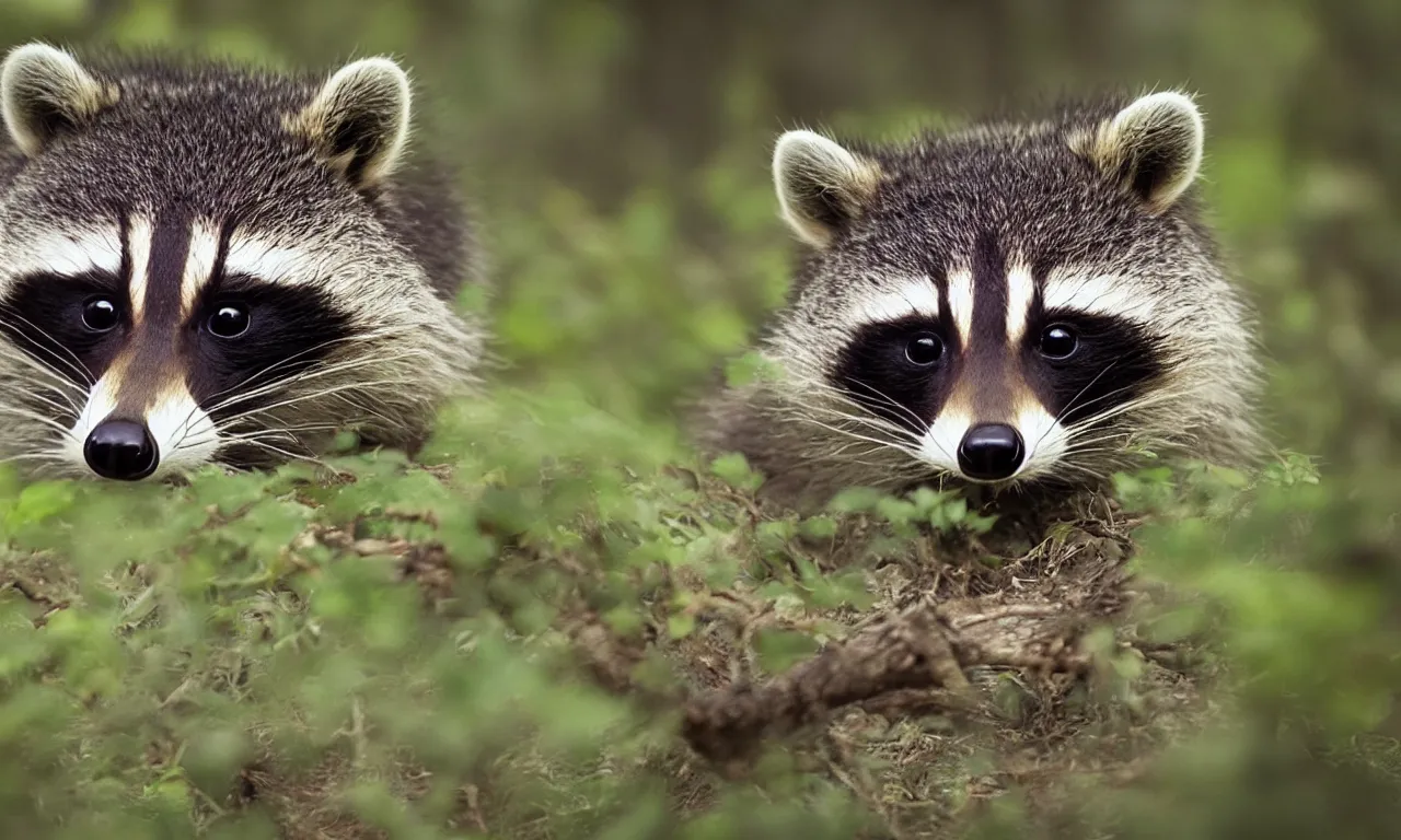 Prompt: cute raccoon in the forest, closeup, trending on artstation, 35mm, by Noah Bradley