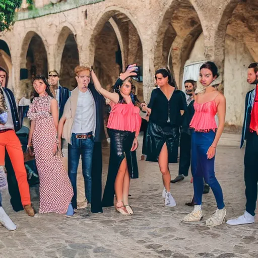 Image similar to a group of people are dressed in similiar fashion in an outdoor party in italy, wide lens shot, 3 0 mm, f 2. 8, concept party, themed object, high quality hd 8 k flash photography