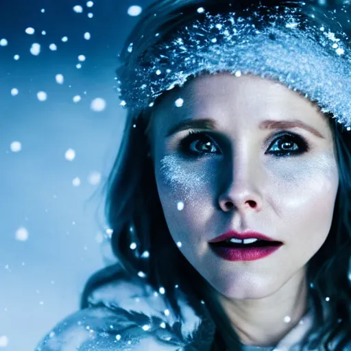 Image similar to Kristen Bell as a snow goddess covered in snow, grungy, unkept hair, glowing eyes, winter, modelsociety, radiant skin, huge anime eyes, RTX on, bright on black, dramatic, studio lighting, perfect face, intricate, Sony a7R IV, symmetric balance, polarizing filter, Photolab, Lightroom, 4K, Dolby Vision, Photography Award