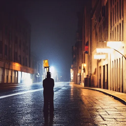 Image similar to lonely man waiting in rain at night under a street lamp