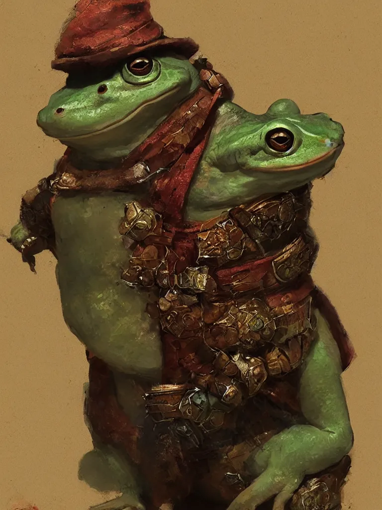 Image similar to Portrait of a medieval humanoid frog dressed in rich clothes and carrying magic trinkets, painted by Craig Mullins, trending on ArtStation