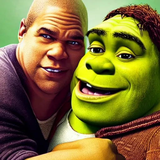 Prompt: Shrek is hugging Denzel Washington