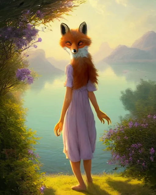 Image similar to an anthropomorphic fox girl with purple hair wearing a simple yellow sundress, she has a pronounced snout and two pointed black ears, beautiful lake background, illustration by greg rutkowski, thomas kindkade, loish, artstation, furaffinity, deviantart