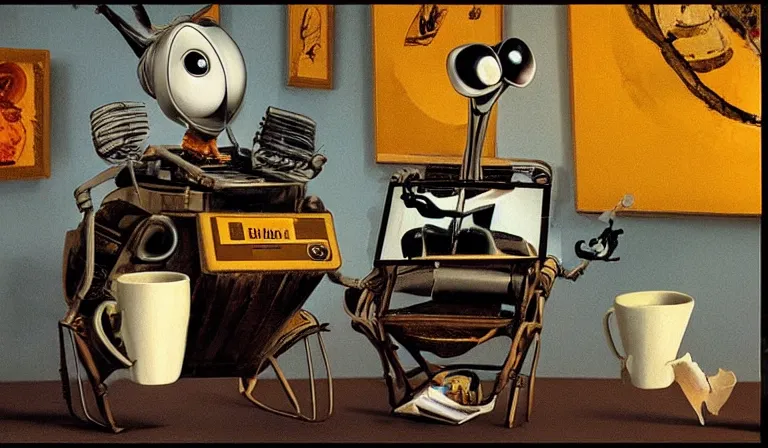 Prompt: salvador dali sitting by wall-e having tea