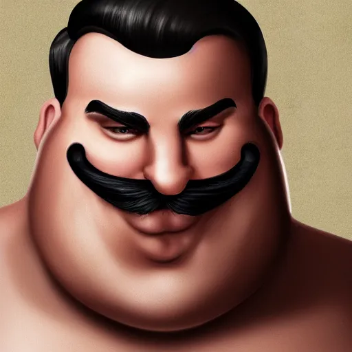 Image similar to face portrait a big beefy man with a large face, thick dark hair, a bushy black moustache, no beard, with hardly any neck and mean little eyes, highly detailed, digital art, sharp focus, trending on art station, drawing