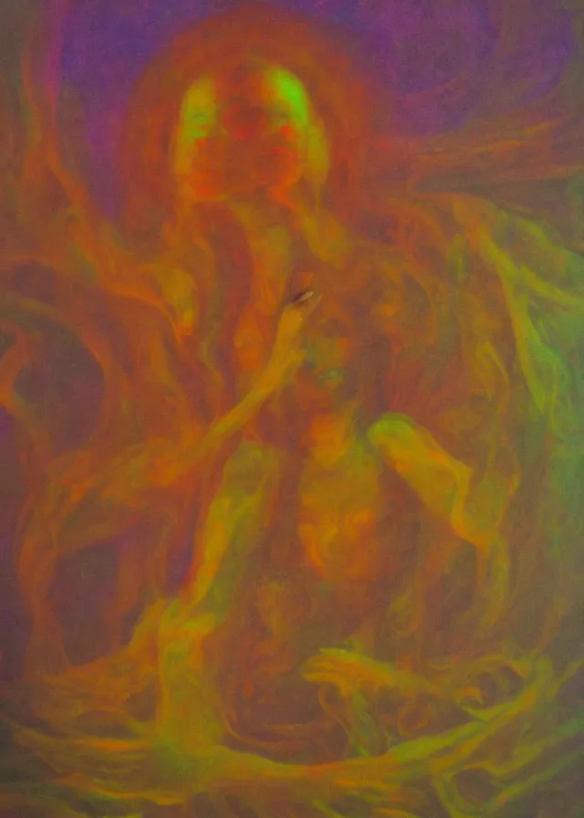 Image similar to serene deva of the golden blood mythos beloved (dreamy) gnostic fog, award winning oil painting, chromatic aberration sharp colors