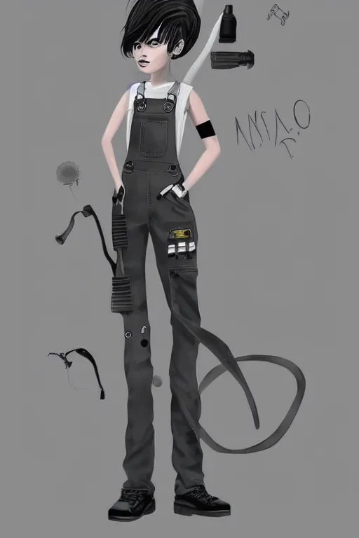 Image similar to an androgynous punk girl with short hair who is a mechanic wearing overalls, grey background, illustration, character concept design, trending on artstation