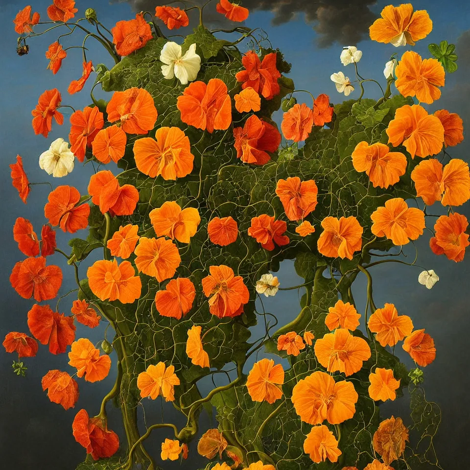 Prompt: dutch golden age bizarre nasturtium portrait still life with many very detailed vines and flowers disturbing fractal forms sprouting up everywhere by rachel ruysch sky blue background chiaroscuro dramatic lighting perfect composition high definition 8 k oil painting with black background by christian rex van dali todd schorr of a chiaroscuro portrait recursive masterpiece