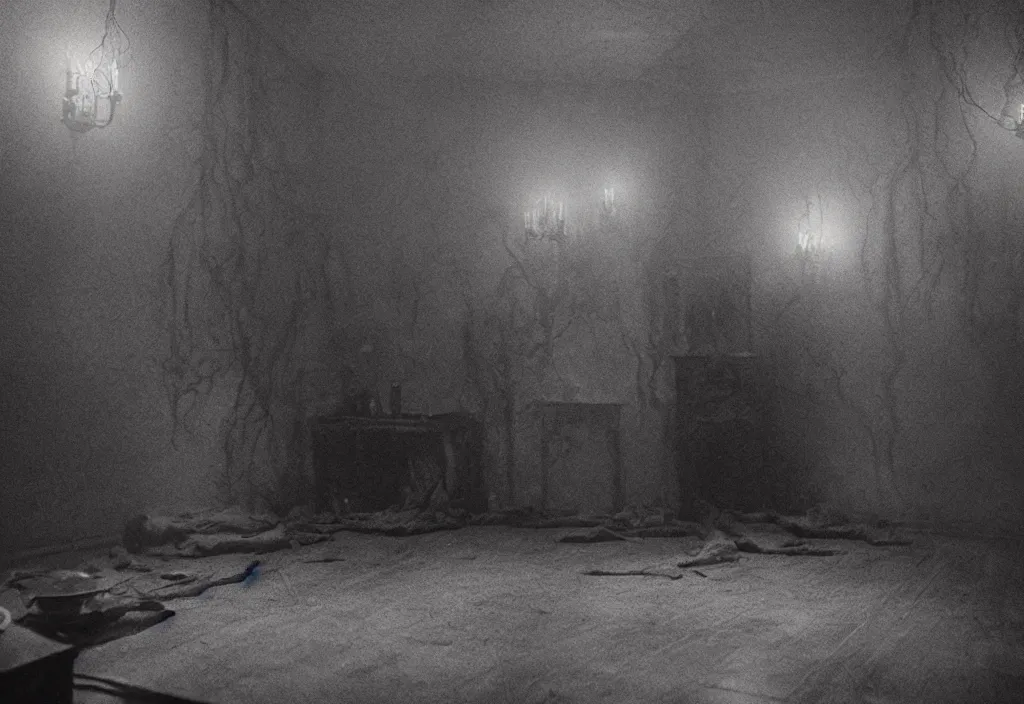 Prompt: eldritch hungry ghosts in a room of a haunted house. realistic, cinematic lighting, octane tender, dark - art
